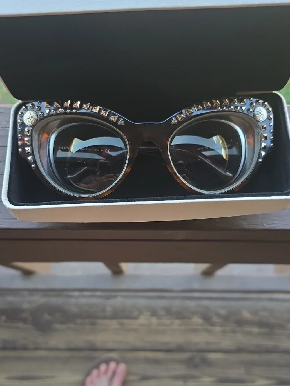 Versace Tortoiseshell Cat-Eye Glasses with Gold Studs